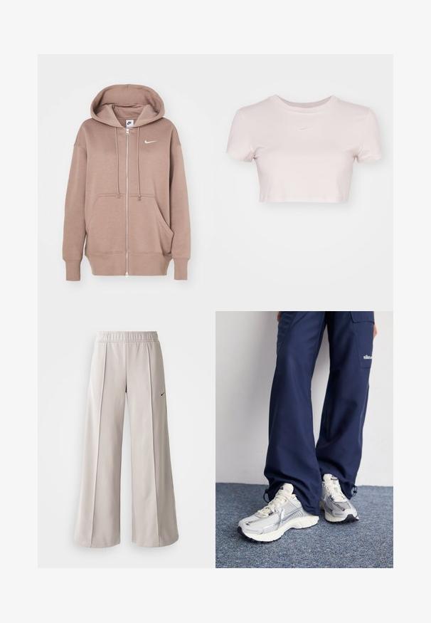 Hnedá mikina na zips vyrobená z mäkkej látky, ktorá má predné vrecko, nastaviteľnú kapucňu so šnúrkou a malé biele logo Nike na hrudi.; Skraćené tričko svetloružovej farby, vyrobené z mäkkej tkaniny. Má okrúhly výstrih a krátke rukávy s malým bielym logom Nike na hrudi.; Svetlo šedé nohavice s širokým strihom vyrobené z hladkej tkaniny. Obsahujú elastický pás a čierne logo Nike na ľavej strane.; Športové topánky Nike s strieborným sieťovaným zvrškom, bielymi detailmi a textúrovanými podrážkami, skombinované s voľnými námorníckymi nohavicami.