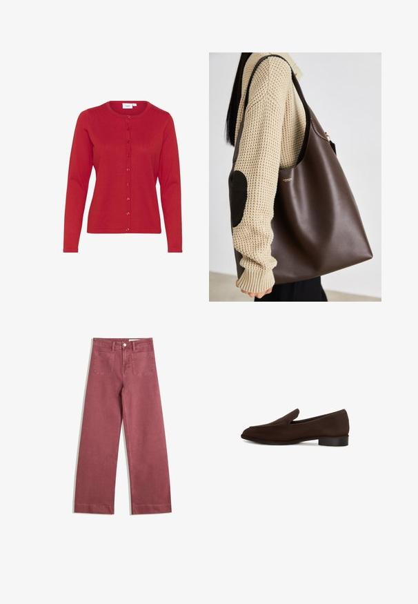 Červený kardigan s dlouhými rukávy vyrobený z pleteného materiálu, s kulatým výstřihem a zapínáním na přední knoflík. Hladký povrch s jemnými ribbovými detaily.; Bílý bavlněný tričko s krátkým rukávem a kulatým výstřihem. Obsahuje růžovou etiketu na vnitřní straně límce. Hladká textura.; Kalhoty s širokými nohavicemi v jemné růžové barvě. Vyrobeny z pevné látky, mají dvě zadní kapsy, zapínání na knoflík a poutka na opasek.; Hnědá nazouvací bota s hladkým povrchem, protáhlým tvarem, nízkým blokovým podpatkem a minimalistickým designem. Žádné viditelné vzory nebo ozdoby.; Hnědá kožená taška přes rameno s prostorným designem. Disponuje hladkou texturou a decentním zlatým logem. V kombinaci s krémovým pleteným svetrem.