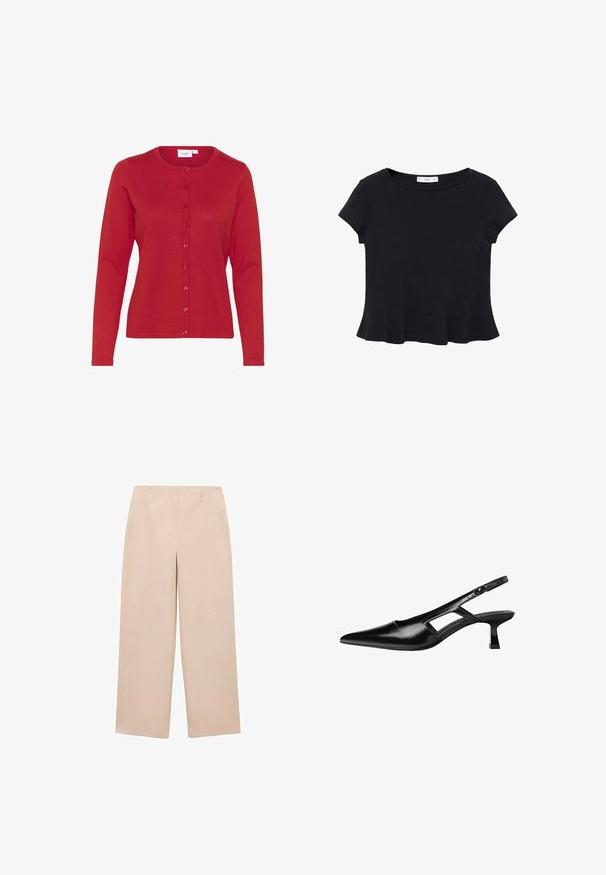 Červený kardigan s dlouhými rukávy vyrobený z pleteného materiálu, s kulatým výstřihem a zapínáním na přední knoflík. Hladký povrch s jemnými ribbovými detaily.; Černý tričko s krátkým rukávem vyrobené z měkké tkaniny, s kulatým výstřihem a rozšířeným lemem s jemným švem.; Béžové kalhoty s širokými nohavicemi vyrobené z hladké tkaniny, s plochým předním dílem a poutky na pásek, bez viditelných vzorů nebo ozdob.; Černé lakované lodičky na podpatku se špičatou špičkou, výřezovým designem na boku a malým čtvercovým podpatkem. Hladká textura s minimálními akcenty.