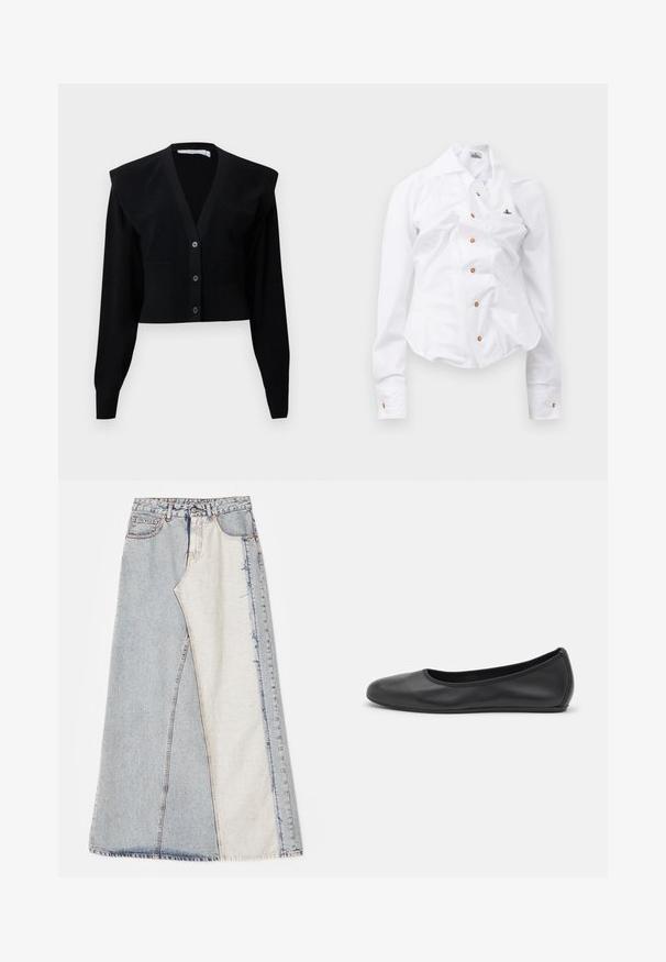 Fekete rövidített kardigán V-nyakkal, gombos záródással, vállpárnákkal és bordázott textúrával az ujjakon és az alsó szegélyen.; Fehér, hosszú ujjú ing, karcsú szabással. Nagy gallérral, elöl barna gombos záródással, és egy kis hímzett logóval rendelkezik.; Farmernadrág szoknya foltos mintázattal, világos és közép kék színű részekkel, rojtos szegéllyel és magas derékkal. Klasszikus öt zsebes stílus.; Fekete bőr balettcipő lekerekített orral, sima tekstúrával, minimális varrással és rugalmas talp kialakítással.