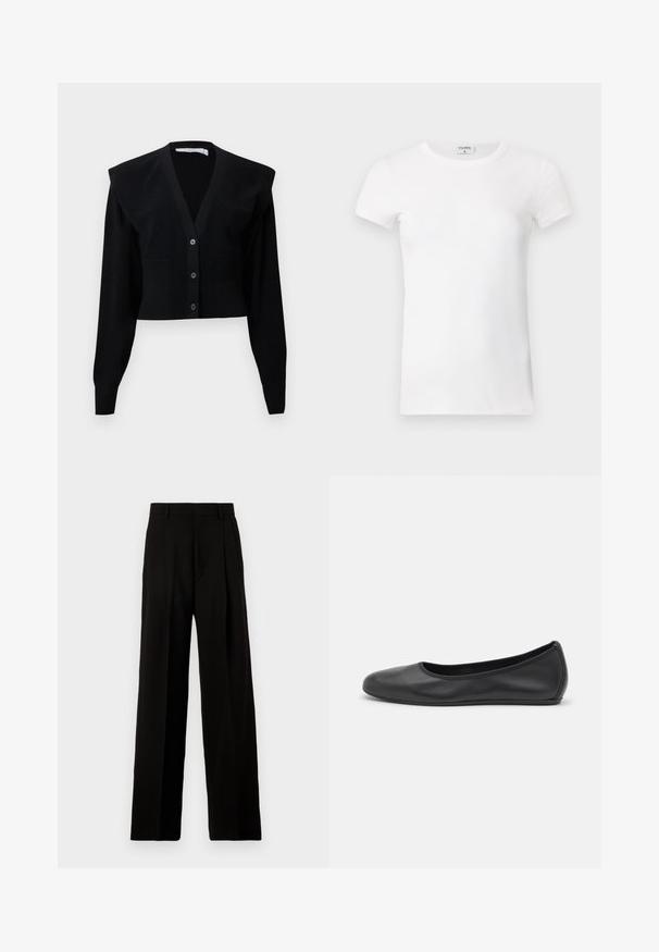 Mustat lyhyet neuletakit, joissa on V-kaula-aukko, nappikiinnitys, olkatoppaukset ja ribbitekstuuria hihoissa ja alahelmassa.; Valkoinen ribattu lyhythihainen T-paita pyöreällä kaula-aukolla. Kangas näyttää sileältä ja istuvalta. Brändilogo näkyvissä kauluksessa.; Mustat leveälahkeiset housut, jotka on valmistettu sileästä kankaasta. Niissä on korkea vyötärö, etupuolella laskokset ja siisti, muunneltu muotoilu ilman koristeita.; Musta nahkainen ballerina, jossa on pyöristetty kärki, sileä pinta, minimaalinen ommelkoristelu ja joustava pohjamuotoilu.