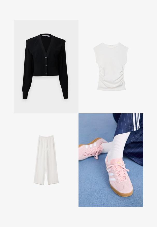 Crni skraćeni kardigan s V-izrezom, kopčanjem na dugmad, jastučićima na ramenima i rebrastom teksturom na rukavima i donjem rubu.; Bijela majica bez rukava s okruglim izrezom i suptilnim nabiranjem sa strane, prikazana ravno na bijeloj pozadini.; Bijele hlače širokih nogavica napravljene od lagane tkanine. Imaju elastičan pojas s ušicom i bočne džepove. Glatka tekstura.; Svijetlopinkaste suede tenisice s bijelim prugama i vezicama, sa teksturiranim jezikom i gumenim potplatom, postavljene na plavi tepih.