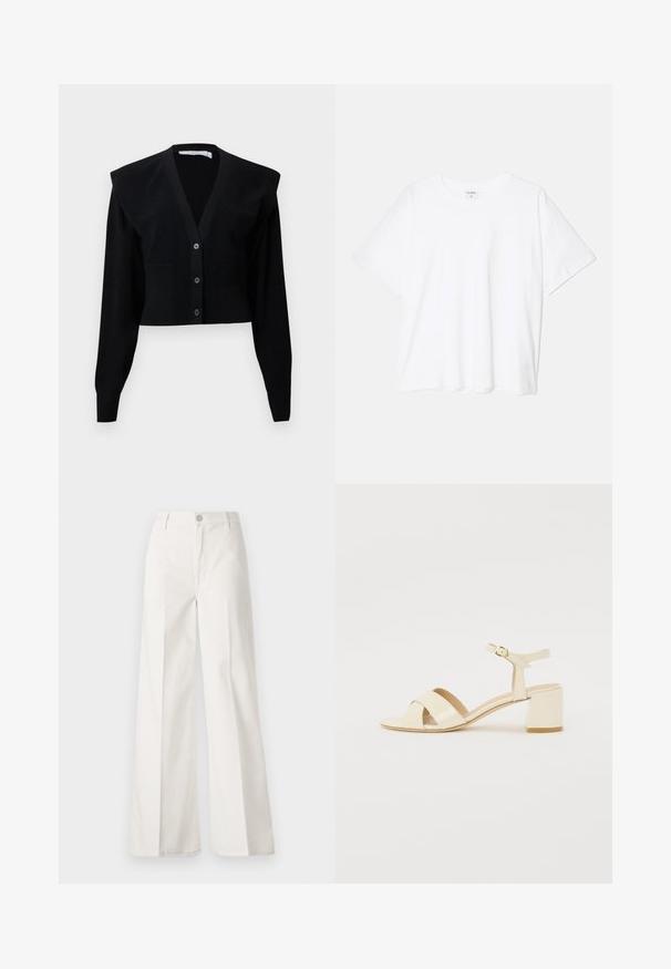 Črn krajši kardigan z V-izrezom, zapiranjem na gumb, blazinicami na ramenih ter rebrasto teksturo na rokavih in spodnjem robu.; Bela bombažna majica s kratkimi rokavi, okroglim izrezom, sproščenim krojem in šivanim robom. Oznaka vidna na notranji strani izreza.; Bele široke hlače iz bombaža z gladko teksturo. Imajo gumb spredaj, zadrgo in zasnovo z štirimi žepi.; Bež lakirane usnjene sandale s peto z zasnovo čez trak, odprtim prstom, nastavljivim gležnjenjem in blok peto. Gladka tekstura.