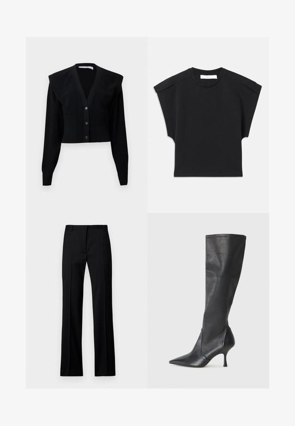Must mustärane lühike kardigan, millel on V-kaelus, nupuvajutuse sulgemine, õlavarred ja sooniktekstuuri detailid varrukatel ja alumisel serval.; Mustmust sisemise varrukaga must topp ümaral kaelusel ja õlavarre detailidega, laotatud valgele taustale.; Mustad sirgedestikuga püksid sileda materjaliga, millel on lame eesmine osa, vöörihmade aasad ning nähtamatud taskud või dekoratiivsed elemendid.; Knee-high mustad nahksaapad terava nina ja kitsaste stiilsete kontsadega. Sile tekstuur sobiva disainiga ja õmblused ülemisel serval.