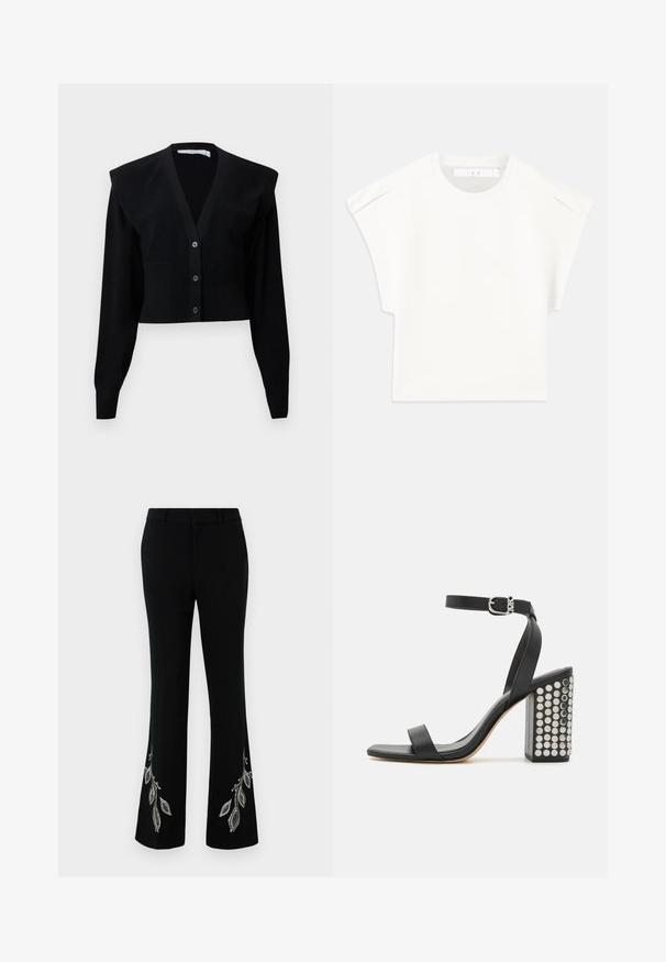 Black cropped cardigan featuring a V-neck, button closure, shoulder pads, and ribbed texture on sleeves and bottom hem.; White boxy t-shirt with short sleeves. Made from smooth fabric, featuring a round neckline and subtle shoulder accents. Simple design.; Black flared pants with embroidered silver leaf designs at the hem. Made from smooth fabric with a structured waistband and slim fit.; Black leather heeled sandals with an ankle strap. Features a square toe, smooth texture, and square block heel adorned with silver studs.