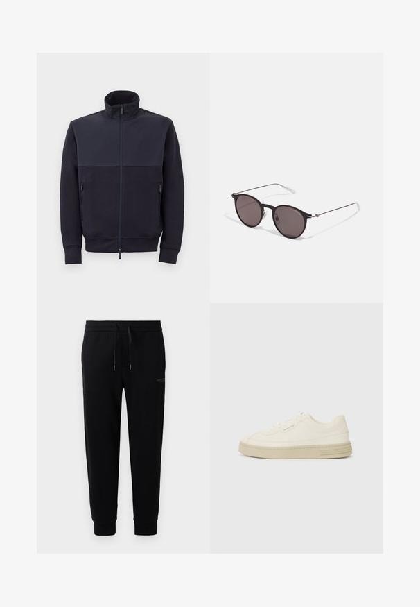 Tengerészkék, cipzáras dzseki magas gallérral, puha anyagból készült, egyszínű felső panellel és két oldalsó cipzáras zsebbel.; Fekete pamut póló, kerek nyakkal, rövid ujjakkal, rajta fehér "EMPORIO ARMANI" logó, a "Milano" felirattal ívelt formában.; Fekete jogger nadrág pamut keverékből, rugalmas derékrésszel és zsinórral, csuklónál szűkített szárakkal, és diszkrét logónyomattal az oldalon.; Fehér vászon sportcipők texturált gumitalppal, varrott orral és logóval díszített sarokkal. Egyszerű fűzős kialakítás.; Fekete kerek napszemüveg sötét lencsékkel és karcsú fém szárakkal. Átlátszó szárvégeket és ezüst részleteket tartalmaz az ívnél. Minimalista dizájn.