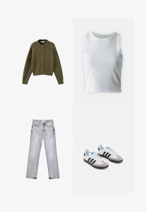 Olivgrüne Strickjacke mit rundem Halsausschnitt, großen Knöpfen vorne und gerippten Bündchen und Saum. Weicher Stoff, lockere Passform.; Weißes, geripptes Tanktop mit runder Ausschnittform und ärmellosem Design, ausgestattet mit einem geraden Saum und einer glatten, dehnbaren Textur.; Graue Jeans aus Denim mit geradem Bein, mit Used-Effekten, fünf Taschen und kupferfarbenen Nieten. Der Bund verfügt über ein Logoshirt.; Sportschuhe mit einem Obermaterial aus weißem Leder, grauer Wildleder-Zehenkappe und drei schwarzen Streifen. Sie verfügen über ein blaues Logo auf der Zunge und eine strukturierte Gummisohle.