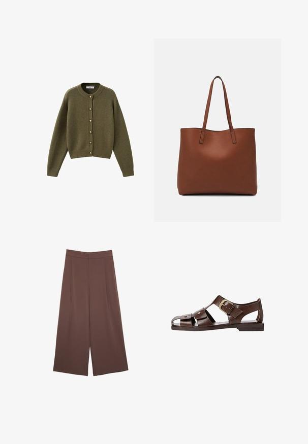 Olivno zelena pletena jakna s okroglo ovratnico, velikimi gumbi spredaj ter rebrastimi manšetami in robom. Mehak material, sproščen kroj.; Rjava kratka majica s kratkimi rokavi iz mehkega materiala, s krožnim izrezom in ohlapnim krojem. Brez vidnih vzorcev ali dodatkov.; Rjave široke hlače z gladko teksturo, ki imajo visok pas in sprednje naborke. Tkanina je lahka in prosto pada.; Rjave usnjene sandale z izrezljanim dizajnom, nastavljivim stranskim sponko in ravnim podplatom, dekorirane z kovinskimi detajli in odprtim prstom.; Rjava usnjena torba z gladko teksturo, odprto zasnovo zgoraj in dvema naramnima trakovoma. Opremljena je z minimalnim šivanjem in brez vidnih kovinskih delov.