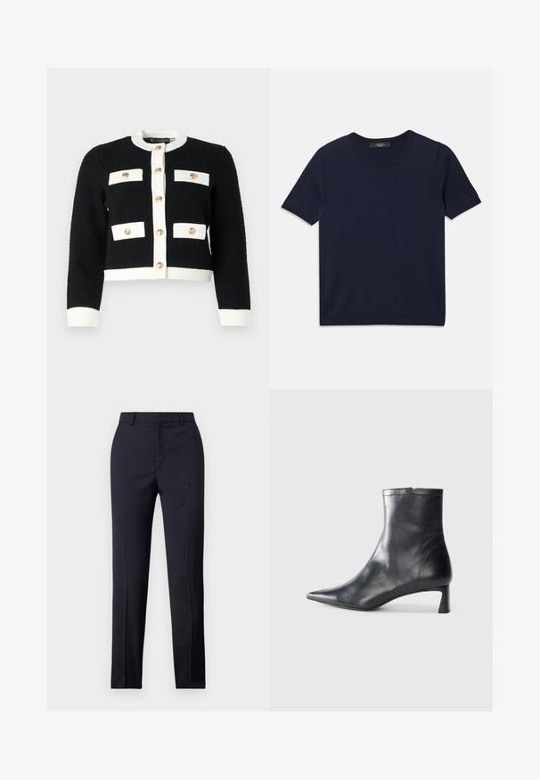 Schwarz-weißer, verkürzter Pullover aus strukturiertem Stoff, mit vier Fronttaschen und goldfarbenen Knöpfen in der Mitte.; Dunkelblaues Kurzarm-T-Shirt aus weichem Stoff, mit rundem Ausschnitt und gerippten Kanten, glatter Textur und ohne sichtbare Muster.; Marineblaue Tailored-Hosen mit geradem Schnitt, ausgestattet mit glattem Material, zwei frontalen Taschen und einem schlichten Bund.; Schwarze Lederstiefelette mit spitzer Zehe und schlankem Design. Verfügt über einen niedrigen Absatz und einen Reißverschluss hinten. Glatte Textur.