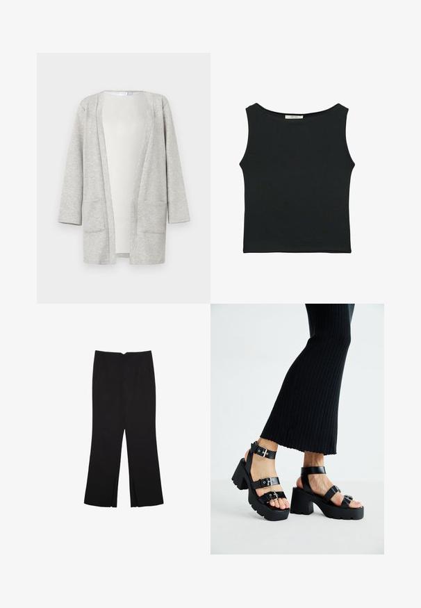 Jasnoszary kardigan wykonany z gładkiego materiału, z długimi rękawami, otwartym przodem i dwiema przednimi kieszeniami. Bez zapięć ani wyraźnych wzorów.; Czarny bezrękawnik wykonany z gładkiego materiału, z okrągłym dekoltem i dopasowanym fasonem, bez widocznych wzorów czy ozdób.; Czarne spodnie o prostym kroju, z przednimi kieszeniami i bocznymi rozcięciami na dole. Wykonane z miękkiego, gładkiego materiału. Odpowiednie na różne okazje.; Czarne platformy na sandały z grubymi, żłobionymi podeszwami i wieloma paskami, z metalowymi klamrami i gładką, skórzano-podobną fakturą.