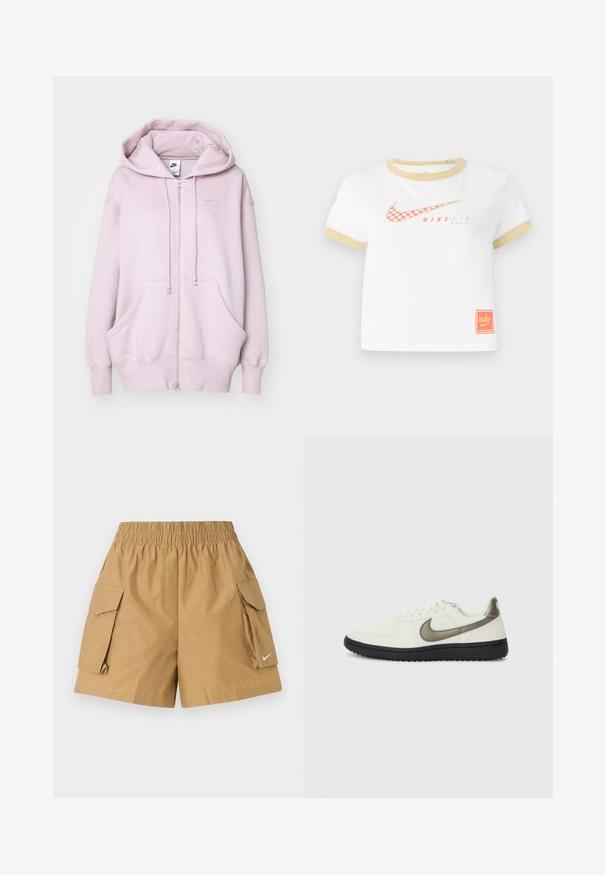 Nike Sportswear HOODIE - Camisola com fecho - platinum violet/sail; Camiseta branca com detalhes em dourado, apresentando um logótipo Nike swoosh em padrão xadrez vermelho, texto "NIKE AIR" e uma pequena etiqueta laranja da Nike na bainha.; Calções cargo bejes com um cós elástico, dois bolsos laterais e um pequeno detalhe em logo branco. Feitos de um tecido leve e texturizado.; Nike Sportswear FIELD GENERAL - Sapatilhas - off-white/black