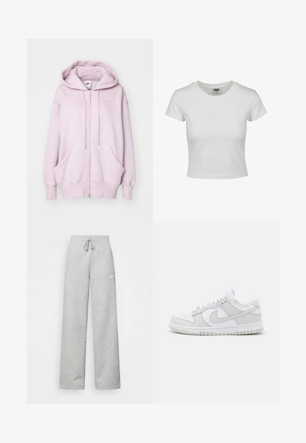 Nike Sportswear HOODIE - Sudadera con cremallera - platinum violet/sail; Camiseta de algodón blanca con cuello redondo clásico, mangas cortas y forma ajustada. Sin patrones ni acentos visibles.; Pantalones de chándal grises con cintura elástica, detalle de cordón y un pequeño logo blanco de Nike en el muslo izquierdo. Tejido suave, de corte holgado.; Zapatillas blancas de cuero con acentos grises, puntera perforada, cordones planos, cuello acolchado y suela de goma texturizada.