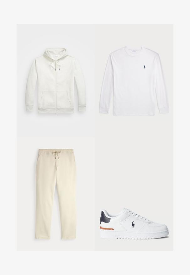 Ανοιχτό γκρι ζακέτα με φερμουάρ φτιαγμένη από μαλακό ύφασμα. Διαθέτει κουκούλα με κορδόνι, μπροστινές τσέπες και ένα μικρό λογότυπο στο στήθος.; Λευκό μπλουζάκι μακρυμάνικο από βαμβάκι. Διαθέτει στρογγυλή λαιμόκοψη, ριμπ μανσέτες και μικρό λογότυπο στη ναυτική μπλε απόχρωση στην αριστερή πλευρά του στήθους.; Εκρού ελαστικά παντελόνια με κορδόνι στη μέση, ίσια πόδια και πλάγιες τσέπες σε απλό φόντο.; Λευκά sneakers με υφή δερμάτινο άνω μέρος, ναυτικό τόνους στην φτέρνα, τρυπητή μύτη και πορτοκαλί λεπτομέρεια στη μεσοσόλα. Με λογότυπο στο πλάι.