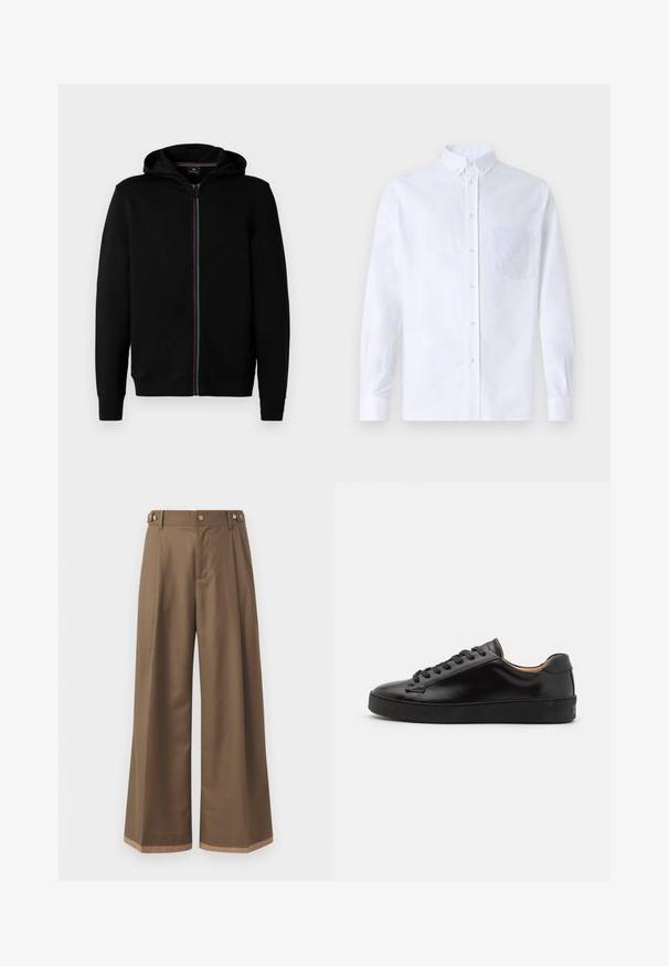 Hanorac cu fermoar negru, fabricat din bumbac, având un fermoar colorat cu dungi, mâneci lungi și glugă. Textură netedă, fără modele vizibile.; Cămașă albă cu mânecă lungă, din bumbac, prevăzută cu un buzunar pe piept cu broderie tonală, guler și manșete cu buton.; Pantaloni largi dintr- о țesătură maro închis, prevăzuți cu două buzunare laterale, două butoane decorative în față și un detaliu de tiv în contrast.; Tenis cu un aspect neted, din piele neagră, cu vârf rotund și șireturi negre. Prezentă o branding minim pe călcâi și o talpă din cauciuc.