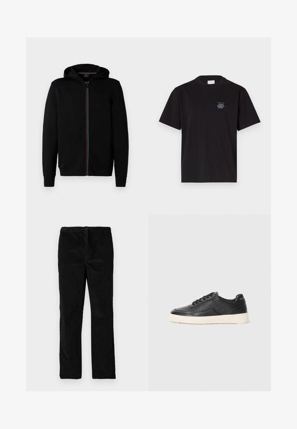 Casaco de capuz preto com fecho éclair, feito de algodão, apresentando um fecho éclair colorido em listras, mangas longas e capuz. Textura suave, sem padrões visíveis.; T-shirt de algodão preto com gola redonda e mangas curtas. Apresenta um pequeno logotipo azul no lado esquerdo do peito. Design simples e reto.; Calças de veludo pretas de pernas retas com cintura elástica e cordão frontal, exibidas contra um fundo branco liso.; Sapatilha em couro preto com acabamento texturizado, biqueira redonda e sola plana de borracha branca. Apresenta atacadores pretos e uma marca na parte de trás.