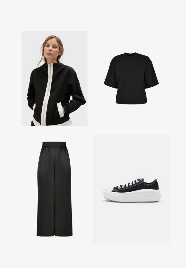Crna dukserica s kapuljačom, bijelih patent zatvaračem i manžetama. Sadrži bočne džepove i izvezeni logo detalj na prsima. Glatka tekstura.; Crna skraćena majica od pamuka. Ima kratke rukave i okrugli izrez. Glatka tekstura s jednostavnim dizajnom, bez dodatnih uzoraka.; Crne široke hlače napravljene od glatkog, sjajnog materijala s elastičnim pojasom i bez vidljivih džepova ili metalnih detalja.; Crne platnene tenisice s bijelim vezicama, bijelim gumastim vrhom i debelim bijelim međusolom. Imaju suptilnu bijelu šav, a đon je od gume.