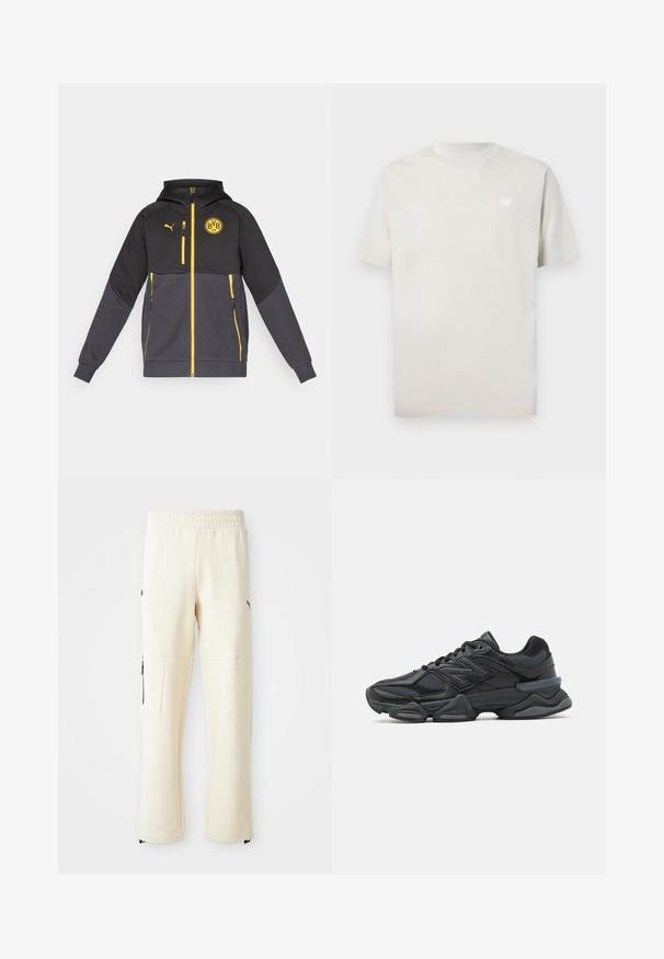 Veste à capuche Puma en noir et gris avec des accents jaunes. Dotée de poches zippées, d'un patch logo et de poignets côtelés. Fabriquée à partir d'un matériau doux et durable.; New Balance ESSENTIALS - T-shirt basique - grey; Pantalons de survêtement beige clair en tissu doux. Présentent un logo noir, des poches latérales avec fermeture éclair et une coupe décontractée.; Chaussure de course noire mettant en avant un mélange de mesh et de matériaux synthétiques, avec une semelle épaisse, un design arrondi et un logo bien visible sur le côté.