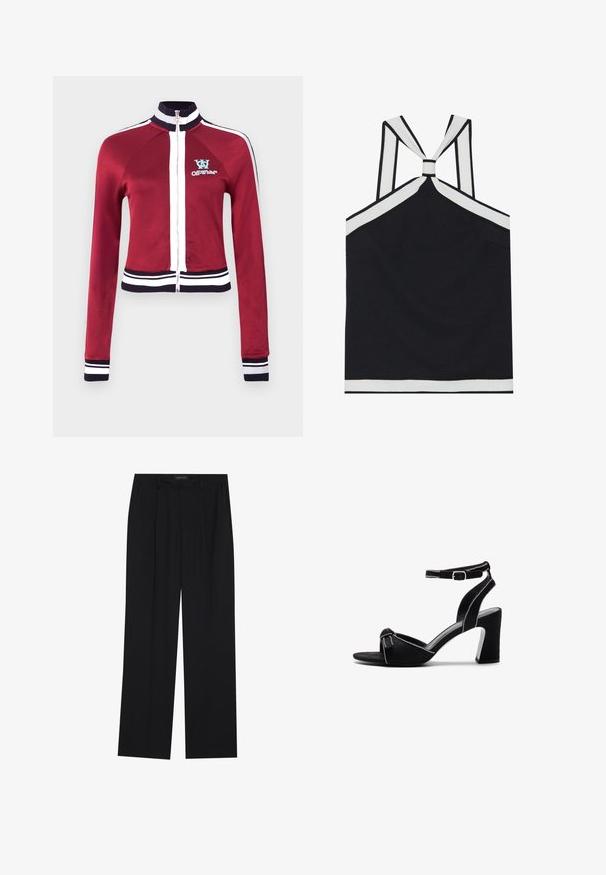 Rote Zip-up-Jacke mit hohem Kragen, blauen Akzenten und weiß gestreiftem Rippstoff am Saum und an den Bündchen. Mit Logo auf der Brust.; Schwarzes Haltertop mit weißen Akzenten, das ein geknotetes Rückendesign, eine strukturierte Oberfläche und eine figurbetonte Silhouette bietet. Einfach und modern.; Schwarze Hose mit geradem Bein, ausgestattet mit zwei frontalen Taschen und einem Taillenbund. Hergestellt aus einem glatten, leichten Stoff.; Schwarze Wildleder-Pumps mit einem breiten Blockabsatz, verstellbarem Knöchelriemen, Offene Zehen-Design und kontrastierenden gesteppten Details.