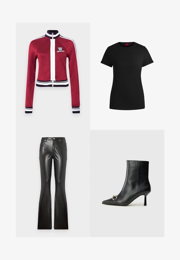 Punainen vetoketjullinen takki, jossa korkea kaulus, sinisiä yksityiskohtia ja valkoiset raidalliset resorit helmoissa ja hihansuuissa. Rinnassa logo.; Mustapaita, jossa on lyhyet käärityt hihat, pyöreä kaula-aukko ja punainen etiketti. Sileä pinta, istuva muoto ja minimaalinen yksityiskohtaisuus.; Musta mokkanahkaiset suorat housut, joissa on sileä pinta, viisi taskua, etunappikiinnitys ja tiukka malli reisiin.; Musta nahkasaapas nilkkapituisilla, terävillä kärjillä, hoikalla keskipituisella korolla ja hopeavöillä sivussa yksinkertaista taustaa vasten.