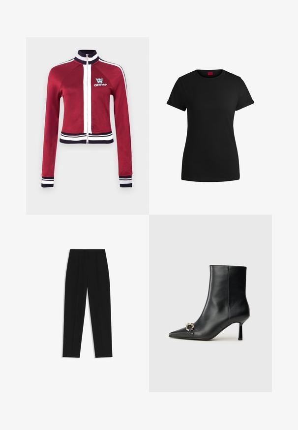 Red zip-up jacket with a high collar, blue accents, and white striped ribbing at the hem and cuffs. Features logo on the chest.; Black cotton t-shirt with short rolled sleeves, a round neckline, and a red label. Smooth texture, fitted shape with minimal detailing.; Black trousers with a straight fit, featuring double pleats, a smooth texture, and a classic waistband design. No visible hardware or accents.; Black leather ankle boot with pointed toe, slim mid-height heel, and silver buckle detail on side against plain background.