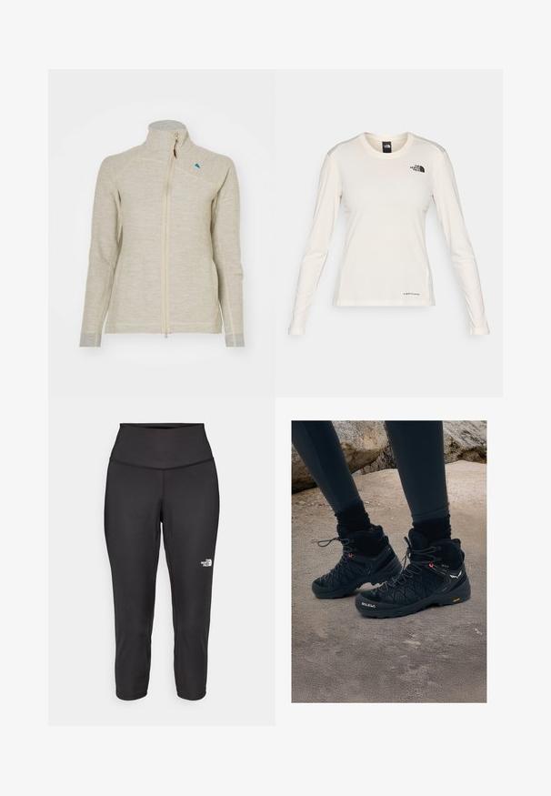 Šviesiai smėlinis džinsinis užtrauktukas su aukštu apykakle, ilgomis rankovėmis, kontrastingais pilkais rankogaliais ir mažu mėlynu logotipu šalia apykaklės. Textūruotas audinys.; The North Face SHADOW LONG SLEEVE - Ilgarankovis viršutinės dalies drabužis - white dune; Juodos capri tipo leggingai, pagaminti iš tamprios medžiagos, su aukštu juosmeniu ir mažu baltu logotipu kairėje pusėje. Lygi tekstūra.; Juodi žygio batai su aukšta kulkšnies konstrukcija, tekstūruota paviršius, sustiprinta pirštų dalis ir Vibram padas. Turi raištelių uždarymą ir prekės ženklo logotipą šone.