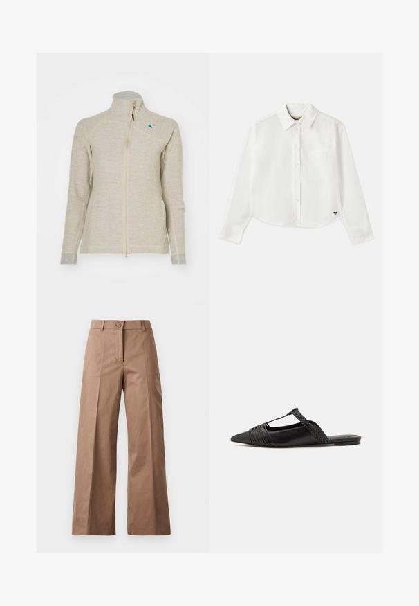Light beige zip-up jacket with high collar, long sleeves, contrasting gray cuffs, and a small blue logo near the collar. Textured fabric.; White cropped long-sleeve shirt made of cotton. Features a button-up front, a chest pocket, and a small black logo on the bottom left.; Brown wide-leg trousers made from a smooth fabric, featuring a front button closure, two front pockets, and clean, tailored lines.; Black leather slingback shoe with a pointed toe, featuring a woven accent and pleated upper design. Flat sole with minimal hardware.