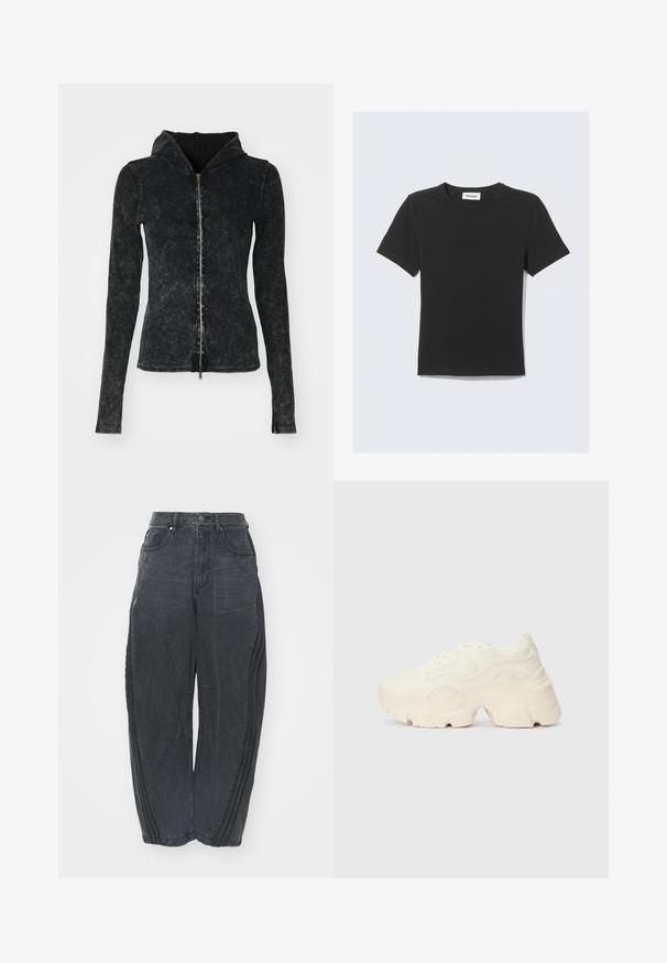 Weekday DYED FITTED ZIP HOODIE - Cardigan - black; Svart T-skjorte med korte ermer i myk bomull, med rund hals og vanlig passform, uten synlige mønstre eller detaljer.; Baggy svarte denimjeans med en falmet finish, fem lommer, belteknapplukking og sømdetaljer på forsiden og sidene.; Chunky hvite sneakers laget av teksturert mesh og syntetiske materialer, med en tykk såle og intrikate mønsterdetaljer langs sidene.
