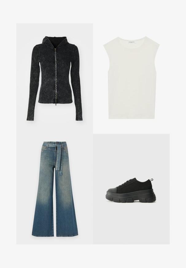 Weekday DYED FITTED ZIP HOODIE - Strickjacke - black; Weißes ärmelloses Top mit rundem Ausschnitt. Hergestellt aus glattem Stoff, hat es einen lässigen Schnitt und minimalistisches Design. Keine Muster oder Akzente.; Weit geschnittene Denim-Hosen mit einem Farbverlauf von hellblau zu dunkelblau, hoher Taille, Gürtelschlaufen und einem passenden Stoffgürtel. Strukturierte Denim-Oberfläche.; Schwarze Sneakers mit einer dicken Gummisohle, strukturiertem Obermaterial, runder Zehenpartie und Schnürdesign. Verfügt über verstärkte Ösen und eine Schlaufe an der Rückseite.
