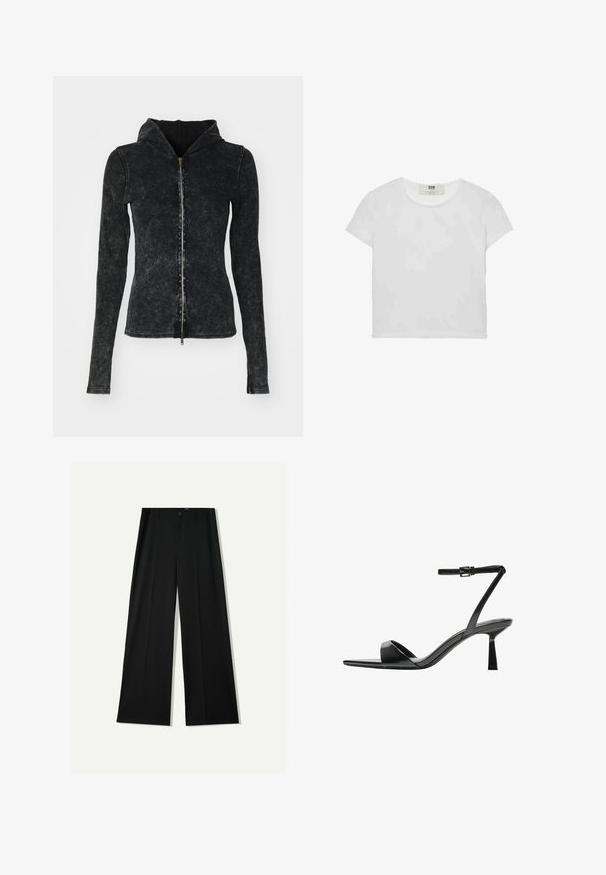 Weekday DYED FITTED ZIP HOODIE - Cardigan - black; T-shirt bianco a maniche corte e girocollo, realizzato in cotone morbido, con un design semplice e pulito, privo di motivi o dettagli visibili.; Bershka WIDE - Pantaloni - black; Bershka Sandali con tacco - black