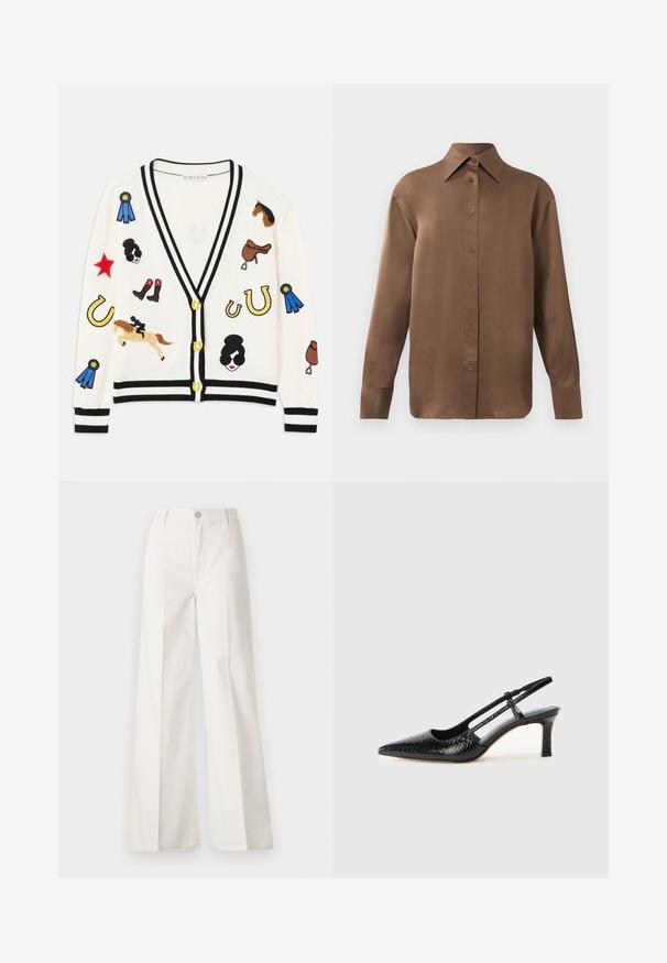 Witte cardigan met zwarte rand, voorzien van kleurrijke geborduurde ontwerpen van paarden, prijzen en figuren. Het ontwerp bevat laarzen, sterren en hoefijzers.; Bruine overhemd met lange mouwen en knopen, voorzien van een spitse kraag en manchetten, op een eenvoudige witte achtergrond weergegeven.; Witte wijde-broek gemaakt van katoen met een gladde textuur. Voorzien van een knoop aan de voorkant, ritsopening en vierzakkenontwerp.; Zwart patent slingback hak met een spitse neus, voorzien van een gestructureerde slangenprint, verstelbare band en een korte, gestructureerde blokhak.