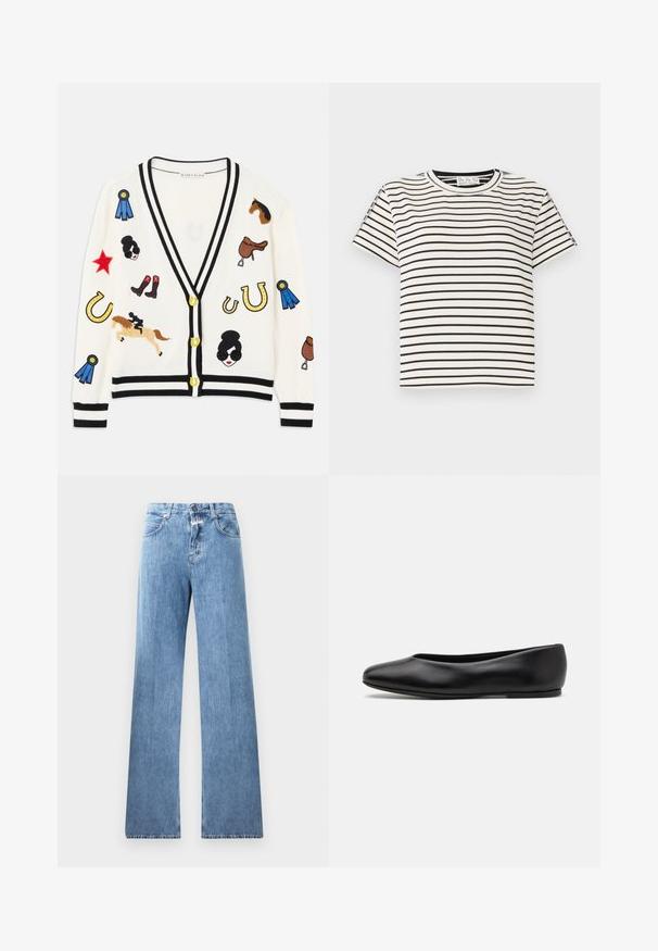 Weißer Cardigan mit schwarzem Besatz, der bunte bestickte Motive von Pferden, Auszeichnungen und Figuren zeigt. Das Design umfasst Stiefel, Sterne und Hufeisen.; Kurzarm-T-Shirt aus Baumwolle mit Rundhalsausschnitt, das auf einem weißen Hintergrund schwarze vertikale Streifen und einen geraden Schnitt aufweist.; Hellblaue Jeans aus Denim mit weitem Bein, fünf Taschen, Gürtelschlaufen und einem Knopfverschluss. Der Stoff hat eine glatte Textur.; Paul Smith TOPANGA - Klassischer Ballerina - black