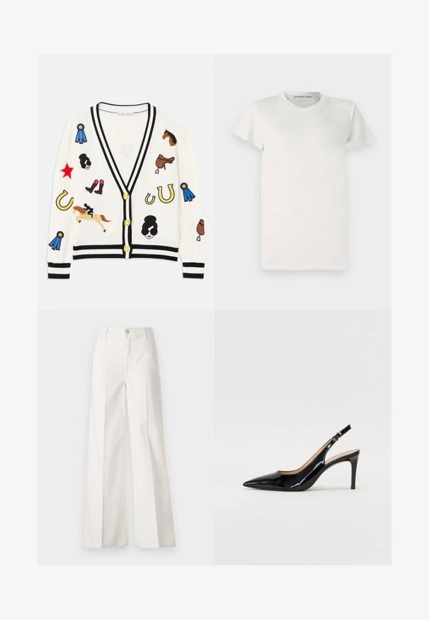 Valge kardigan musta äärisega, mis on kaunistatud värvikirevate tikanditega hobustest, auhindadest ja figuuridest. Kujunduses on ka saapad, tähed ja hobuserauad.; Valge lühikeste varrukatega T-särk, mis on valmistatud puuvillast, ümarate kaelus ja lihtne lõige. Sildi all kaeluses on "DESIGNERS REMIX".; Valged laiade jalgadega püksid, mis on valmistatud siledast puuvillast. Omab esitallist ning lukuga sulgemist ja nelja tasku disaini.; Must hõbedavärvi patendiga slingback kontsakingad terava varbaga, kitsas konts ja peene lõikega disain. Statistika on kuldne pandla rihmal.