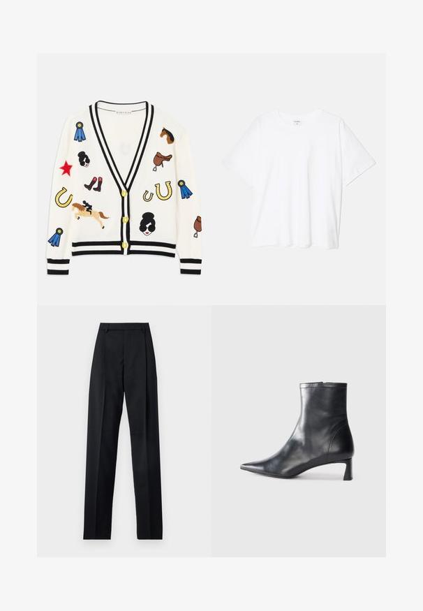 White cardigan with black trim, featuring colorful embroidered designs of horses, awards, and figures. Design includes boots, stars, and horseshoes.; White cotton t-shirt with short sleeves, round neckline, relaxed fit, and stitched hem. Label visible on the inside neck.; Black trousers made from smooth fabric featuring a high waist, wide legs, front pleats, and classic belt loops. No side pockets visible.; Black leather ankle boot with a pointed toe and a sleek design. Features a low heel and a zipper closure at the back. Smooth texture.