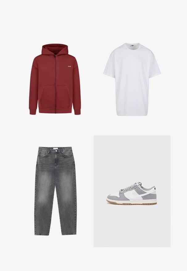 Felpa rossa con zip in misto cotone. Presenta una chiusura frontale con zip, ampie tasche, polsini a coste e cappuccio con cordino.; Maglietta bianca in cotone con maniche corte, scollatura rotonda, vestibilità comoda e senza loghi o motivi visibili. Texture liscia e design minimale.; Jeans a vita alta, dal taglio ampio in denim nero sbiadito. Presentano cinque tasche, passanti per cintura e un design dritto e pulito.; Sneaker grigia e bianca con tomaia in suede e pelle, punta arrotondata, lacci piatti e soletta in gomma con un accento color caramello.