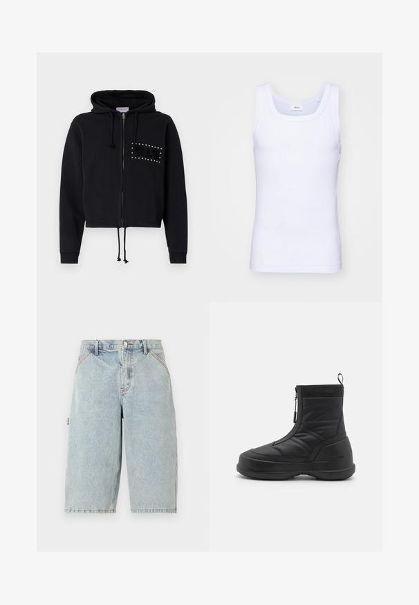 Crni skraćeni dukserica s patentnim zatvaračem, s kapuljačom na vezanje i prednjim džepovima. Ukrašena ; Bijela pamučna bezrukavna majica s okruglim izrezom, s glatkom teksturom i prilagođenim oblikom, dizajnirana za ležerno nošenje.; Noon Goons RUNAWAY - Kratke hlače od trapera - washed blue; Crni vodootporni snježni čizmi s glatkim sintetičkim gornjim dijelom, zatvaranjem na patentni zatvarač, podstavljenim ovratnikom i teksturiranom gumenom potplatom. Osvijetljen "MOON BOOT" brandiranjem.