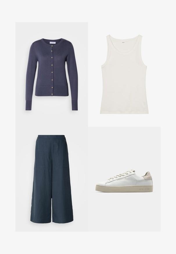 Ναυτικό μπλε ριπ κάρντιγκαν με μακριά μανίκια, στρογγυλή λαιμόκοψη, μπροστινούς χρυσούς κουμπιά και δύο τσέπες στο στρίφωμα.; Λευκό βαμβακερό τοπάκι με φαρδιά λαιμόκοψη και λεπτές τιράντες. Λείος υφασμάτινος υφής χωρίς ορατά μοτίβα ή διακοσμήσεις.; Πλατύ παντελόνι σε ναυτικό μπλε χρώμα, φτιαγμένο από ελαφρύ ύφασμα. Διαθέτει ελαφρώς υφασμένη επιφάνεια, ελαστική μέση και μπροστινές ραφές.; Λευκά δερμάτινα sneakers με λεία επιφάνεια, μπεζ σουέτ λεπτομέρειες, στρογγυλή μύτη, επίπεδη σχέδια δέσιμο και υφασμένη καουτσούκ σόλα.