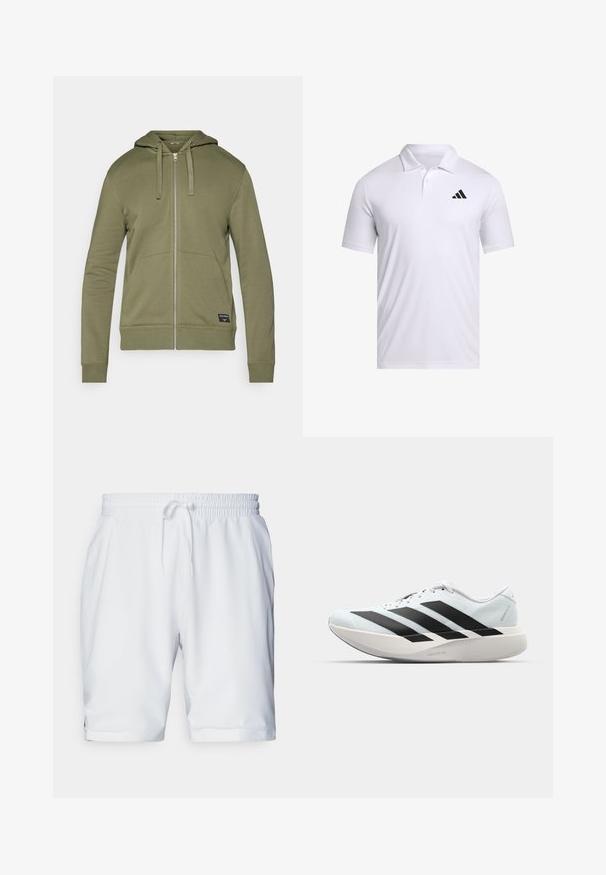 Olivovo zelená mikina na zips s kapucňou, dvomi prednými vreckami, rebrovými manžetami a etiketu v pravom dolnom rohu. Mäkkučká tkanina z bavlneného zmesi.; Biele polo tričko vyrobené z priedušnej tkaniny s golierom, s krátkymi rukávmi a čiernym logom Adidas na ľavej hrudi.; Biele športové šortky s elastickým pásom a nastaviteľnou šnúrkou. Hladká tkanina s jemnou textúrou, s bočnými vreckami.; Ľahké bežecké topánky v svetlomodrej farbe s čiernymi pruhmi. Majú hladký zvršok, okrúle špičky a hrubú bielu medzipodrážku označenú "LIGHTSTRIKE PRO."