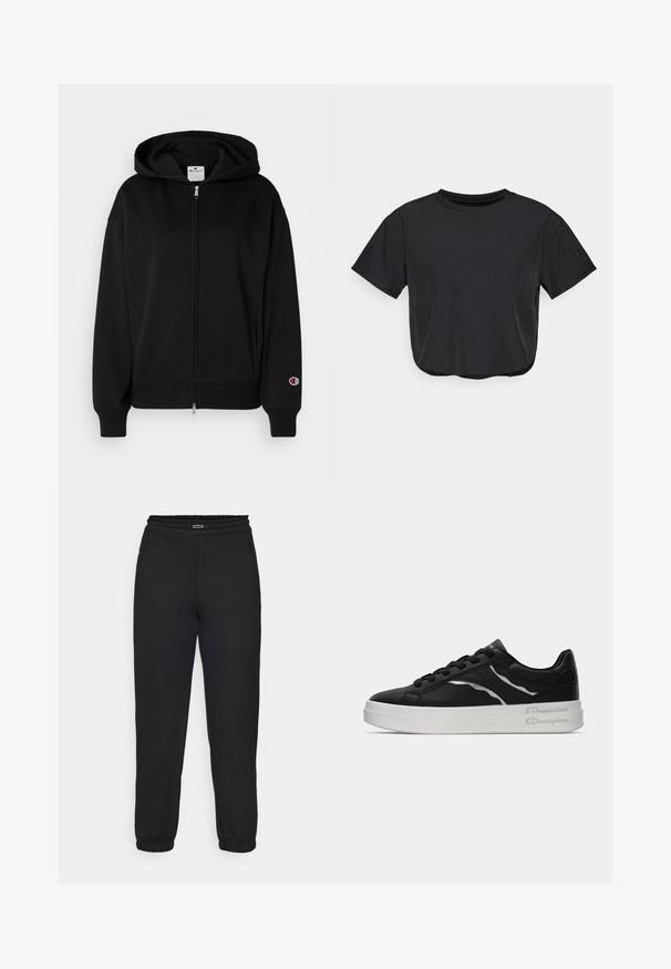 Champion ICONS FULL ZIP HOODIE LOGO - Športna jopa s kapuco na zadrgo - black; Črna skrajšana majica z mehkega materiala, s krožnim izrezom, kratkimi rokavi in udobnim krojem. Diskretni šivni detajli.; Champion C-TECH CUFFED PANTS INTERLOCK - Spodnji deli trenirk - black; Črne usnjene teniske z belo podlogo, ki imajo tanke srebrne akcenta in vezalni dizajn. Gladka tekstura s logotipom na peti.