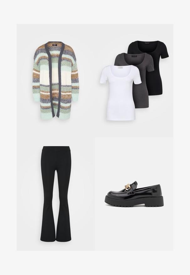 Stickad cardigan med horisontella ränder i mintgrönt, krämfärgat, brunt och grått. Öppen framsida med kontrasterande grå kanter och trekvartslånga ärmar.; Tre åtsittande T-shirts i vitt, grått och svart. Var och en har en bred rundad halsringning och korta ärmar. Tillverkade av mjukt, stretcht tyg.; Svarta utsvängda byxor i elastiskt tyg med hög midja och en mjuk textur. Byxorna vidgar sig från knäet.; Svarta lackläderloafers med en kraftig svart sula och detaljer i guld. Slät yta och rund tådesign.