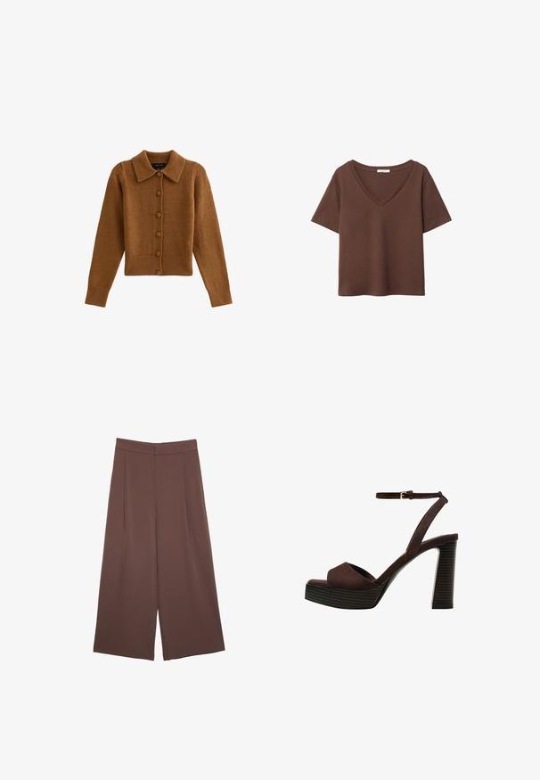 Brązowy sweter z dzianiny z kołnierzykiem, zapinany na guziki, z prążkowanymi mankietami i dołem, wykonany z miękkiego materiału przypominającego wełnę.; Brązowy bawełniany t-shirt z krótkimi rękawami i głębokim dekoltem w kształcie litery V. Prosty design, miękka faktura i prosty krój u dołu. Brak wzorów i akcentów.; Brązowe spodnie o szerokich nogawkach z gładką fakturą, z wysokim stanem i plisami z przodu. Materiał jest lekki i luźno opada.; Brązowe zamszowe sandały na wysokim obcasie z odkrytymi palcami, regulowanym paskiem na kostce i paskowatą podeszwą.