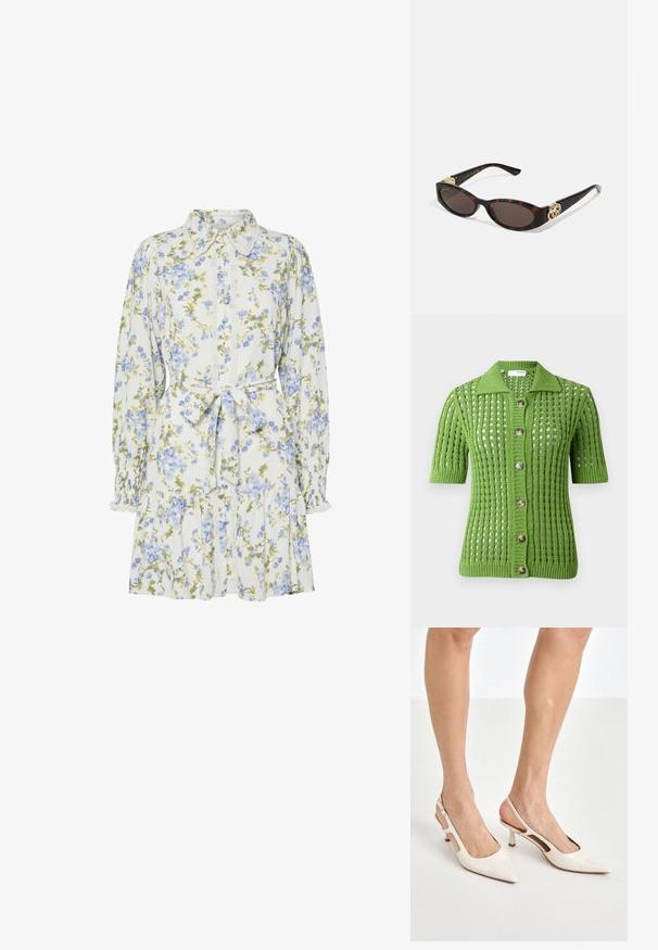 Grüne Strickjacke mit Kragen, kurzen Ärmeln, Lochmuster und fünf großen braunen Knöpfen auf der Vorderseite.; Blumenkleid in Weiß mit blauen und grünen Blumen, mit einem Kragen, durchgehender Knopfleiste, langen Ärmeln mit elastischen Bündchen und einem Taillengürtel.; Beige Lackleder Slingback-Absätze mit spitzem Fuß und 5 cm Absatz, mit ausgeschnittenen Seiten und einem schmalen Knöchelriemen.; Schildpatt-Sonnenbrille mit länglich-ovalen Gläsern, braunem Farbton, goldenen Logo-Akzenten an den Bügeln und schlanken schwarzen Bügeln.; Beige gemusterte Handtasche mit geschwungener Form, Lederakzenten und einem goldfarbenen Logo auf der Vorderseite. Verfügt über einen kurzen Griff für einfaches Tragen.