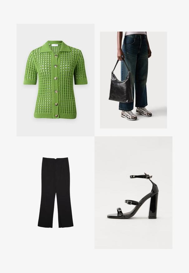 Zelený pletený kardigan s límečkem, krátkými rukávy, otvoreným vzorem a pěti velkými hnědými knoflíky vpředu.; Černý krátký rukáv top vyrobený z hladké látky; má drapovaný výstřih a asymetrický lem, s přiléhavým střihem.; Černé kalhoty s rovným střihem, s předními kapsami a bočními rozparky na lemu. Vyrobené z jemné, hladké tkaniny. Vhodné na různé příležitosti.; Černé lakované sandály na podpatku se čtveratou špičkou, lýtkovými pásky a stříbrnými přezkami. Disponují masivním blokovým podpatkem pro stabilitu.; Černá kožená kabelka přes rameno se hladkým povrchem a nastavitelným popruhem, spárovaná s vybledlými džínami širokého střihu a sportovními teniskami.