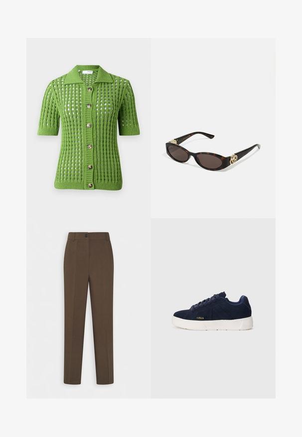 Vihreä neulecardigan, jossa on kauluskotelo, lyhyet hihat, aukko-kuvio ja viisi suurta ruskeaa nappia edessä.; Sininen raidallinen nappipaita, jossa on kaulus, pitkät hihat ja kaareva helma. Kankaan pinta vaikuttaa sileältä ja kevyeltä. Nappilukitus edessä.; Suorat ruskeat housut, joissa on vyölenkit ja yksi etunapitus, esillä valkoista taustaa vasten.; Laivansininen mokkanahkainen lenkkari valkoisella kumipohjalla. Siinä on pyöreät nauhat, matala profiili ja pieni kultainen logo sivussa.; Silmärilakkiset tortoiseshell-aurinkolasit, joissa on pitkänomaiset ovaalit linssit, ruskea sävy, kultaiset logo-koristeet temppeleissä ja sulavalinjaiset mustat varret.