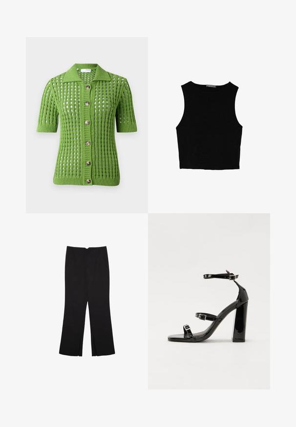 Cardigan lavorato a maglia verde con design a colletto, maniche corte, motivo ad openwork e cinque grandi bottoni marroni lungo la parte frontale.; Top corto senza maniche nero realizzato in tessuto liscio, con scollatura rotonda e un design pulito e semplice, privo di pattern o accessori.; Pantaloni neri a gamba dritta, con tasche frontali e spacchi laterali all'orlo. Realizzati in tessuto morbido e liscio. Adatti a diverse occasioni.; Sandali con tacco in vernice nera, con punta squadrata, cinturini alla caviglia e fibbie in argento. Presentano un tacco a blocco spesso per maggiore stabilità.