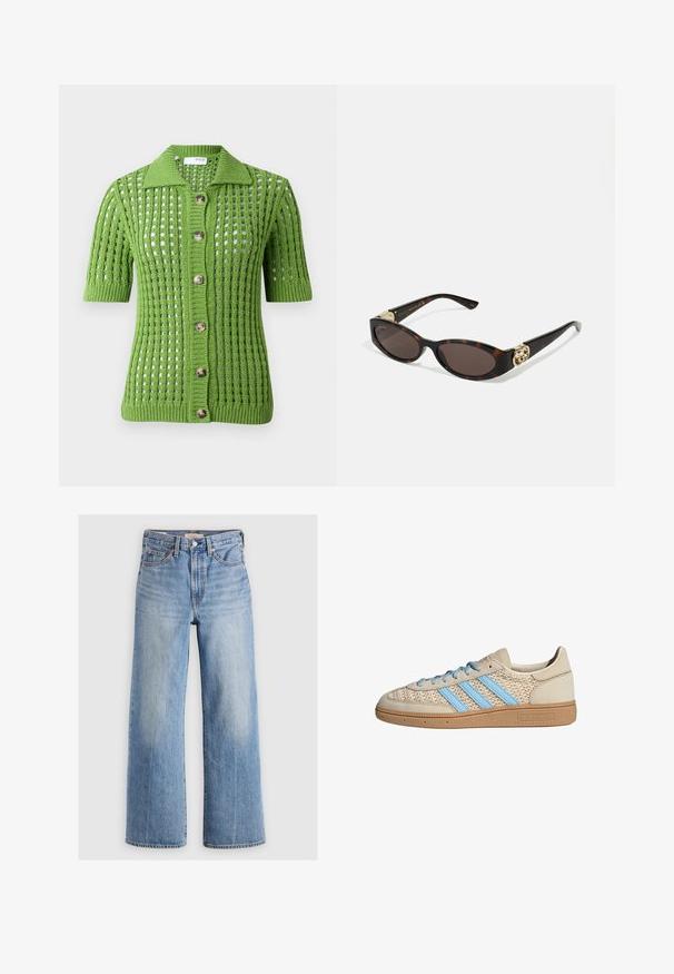 Zielony sweter dziewiarski z kołnierzykiem, krótkimi rękawami, ażurowym wzorem oraz pięcioma dużymi brązowymi guzikami z przodu.; Biała bezrękawnik z regulowanymi ramiączkami, dopasowany krój, gładka tekstura materiału i okrągły dekolt. Brak wzorów i detali metalowych.; Jasnoniebieskie dżinsowe spodnie o szerokich nogawkach z wysokim stanem, wyblakłe miejsca, pięć kieszeni oraz kontrastowe przeszycia. Klasyczne zapięcie na guzik i zamek błyskawiczny.; Beżowe sneakersy z teksturowanym dzianinowym cholewką, jasnoniebieskimi paskami i brązową gumową podeszwą. Posiadają okrągłe sznurowadła i detal z logo po boku.; Słoneczne okulary w kolorze żółwi z wydłużonymi owalnymi soczewkami, brązowym odcieniem, złotymi akcentami logo na zausznikach oraz smukłymi czarnymi ramionami.