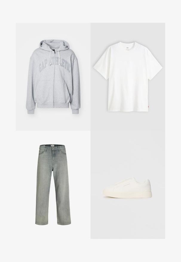 GAP Hoodie - grey heather; White short-sleeve t-shirt made of cotton with a crew neck. Features subtle embossed logo detail on the front and a red label at the hem.; Light gray, loose-fitting jeans made of denim. Features a classic five-pocket design, belt loops, and a straight leg silhouette.; White slip-on sneakers with a textured surface, a thick sole, and minimalistic design. Features brand logo on the side.