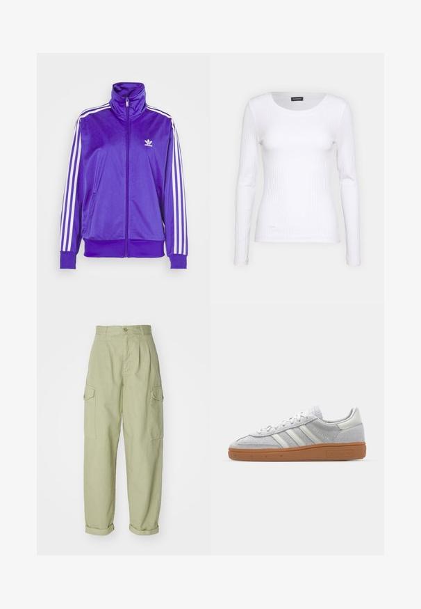 Purple zip-up jacket made from shiny material featuring a high collar, white stripes on sleeves, and a small white logo on the chest.; White ribbed long-sleeve top with a round neckline. Made from a stretchy fabric that hugs the body. Features subtle horizontal lines.; Light green cargo pants made from cotton fabric. Features a high waist, rolled cuffs, and two side cargo pockets for added utility.; Light grey suede sneaker with white leather accents, three white stripes, and a brown rubber sole, featuring a padded collar for comfort.