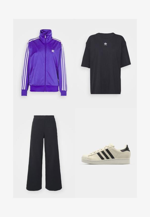 Lila Zip-up-Jacke aus glänzendem Material mit hohem Kragen, weißen Streifen an den Ärmeln und einem kleinen weißen Logo auf der Brust.; Schwarzes Baumwoll-T-Shirt mit kurzen Ärmeln, rundem Halsausschnitt, mit einem weißen Adidas-Logo auf der Brust. Einfaches Design, lockere Passform.; Schwarze weite Sweatpants aus weichem Material, mit einem elastischen Taillenbund und einem kleinen Logo auf der linken Seite.; Weiße Ledersneaker mit schwarzen Streifen, runder Zehenpartie, Gummisohle, strukturiertem Obermaterial und Schnürsystem. Mit Logo an der Ferse.