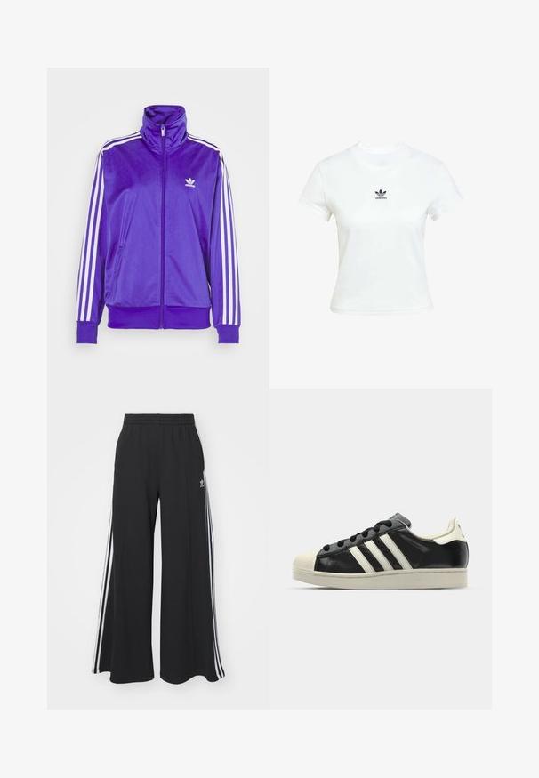 Lila zip-up jacka i glänsande material med hög krage, vita ränder på ärmarna och en liten vit logotyp på bröstet.; Vit bomullströja med korta ärmar och rundad halsringning. Har en svart Adidas-logga tryckt på bröstet. Enkel, minimal design.; Svarta vida sweatpants med elastisk midje, med vita sidosträck och en broderad logotyp på vänster lår.; Svart lädersneaker med vita ränder, gummitåhätta, svarta snören och en krämfärgad sula. Slät textur med blank yta.