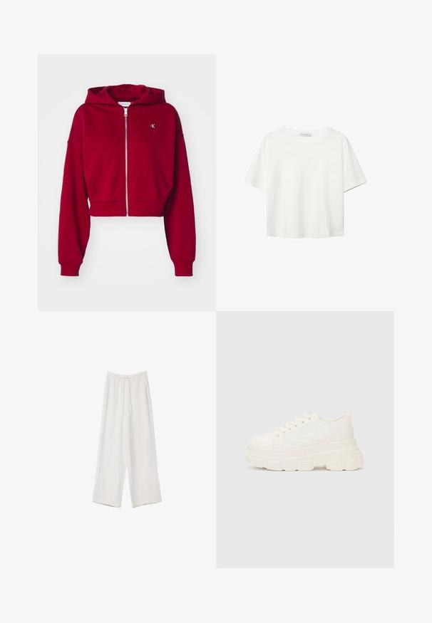 Calvin Klein Jeans BADGE ZIP THROUGH - Felpa con zip - red currant; T-shirt bianco a maniche corte realizzato in cotone. Presenta un collo tondo e una vestibilità rilassata. Texture liscia senza motivi o dettagli visibili.; Pantaloni a gamba larga bianchi realizzati in un tessuto leggero. Presentano una vita elastica con cordoncino e tasche laterali. Texture liscia.; Sneaker bianca in tela con suola spessa, punta arrotondata e cinque occhielli per i lacci. Linguetta sul retro per una facile calzata. Texture liscia, design minimalista.